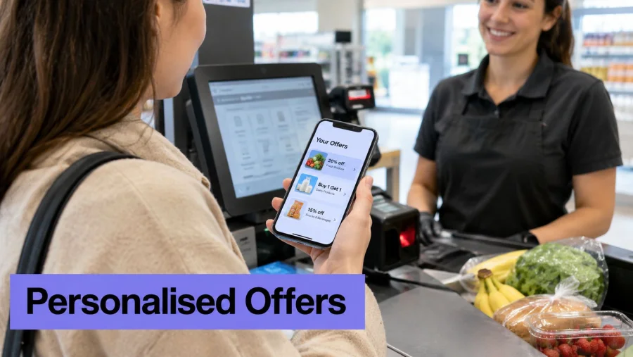 A customer at a grocery store checkout displaying personalized discount offers on their smartphone screen.