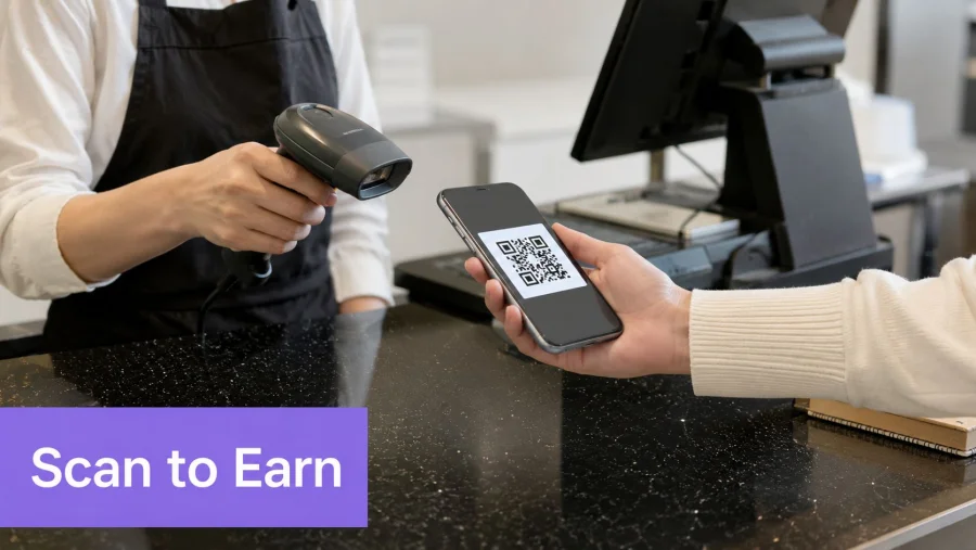 A customer holding a smartphone with a QR code being scanned by a store employee for rewards.