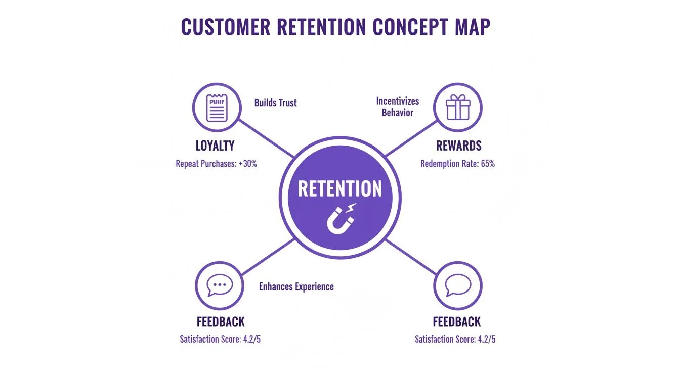 Mapa koncepcji utrzymania klienta podkreślająca lojalność, nagrody i informacje zwrotne jako kluczowe strategie.