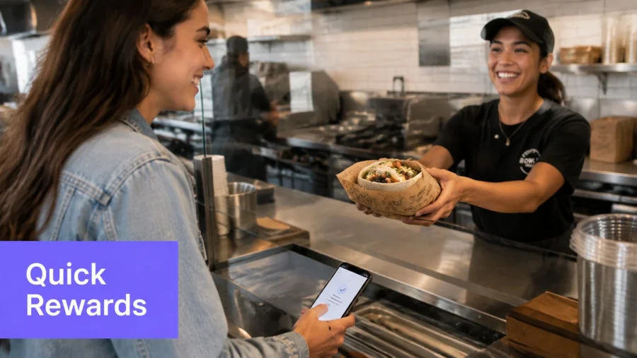 A customer uses a mobile app for rewards while picking up a healthy food bowl in restaurant.