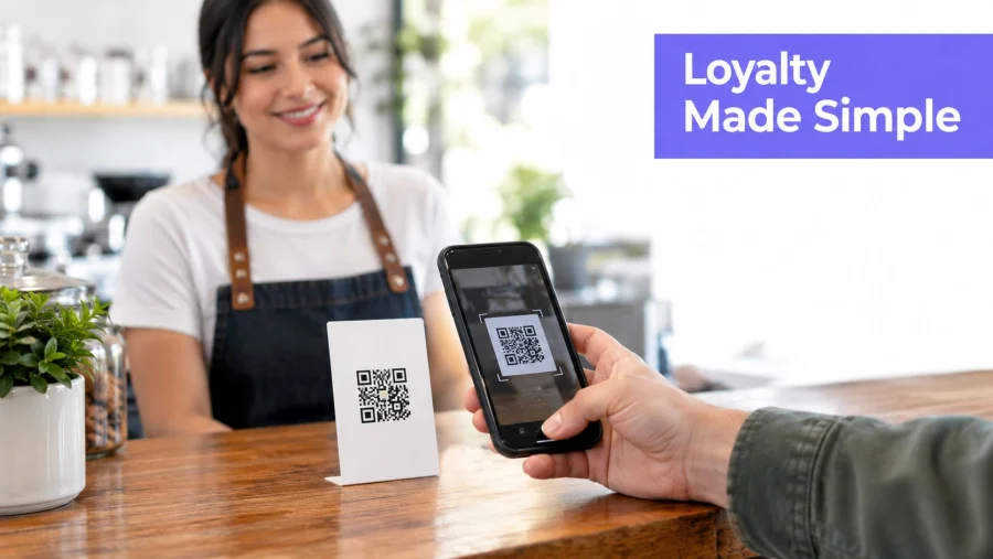 A customer uses a smartphone to scan a QR code for loyalty rewards at a coffee shop counter.