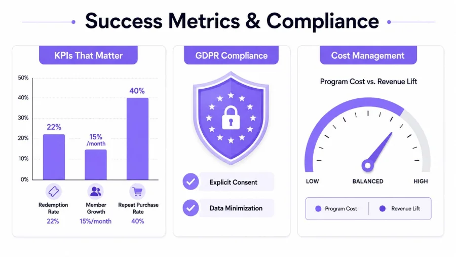 A dashboard showing key performance indicators, GDPR compliance standards, and a cost management gauge for loyalty programs.