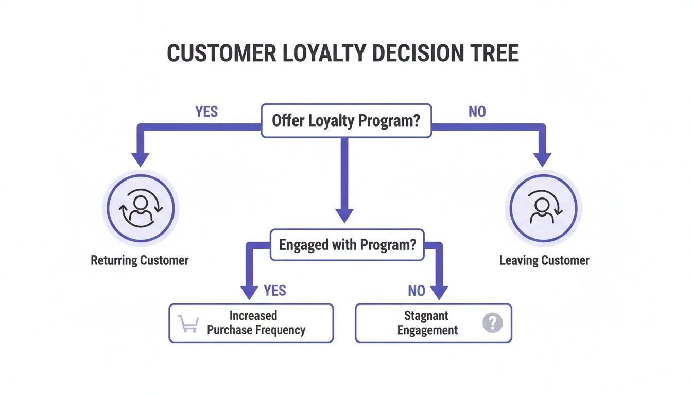 Un diagrama de flujo de &aacute;rbol de decisiones que ilustra la fidelizaci&oacute;n de clientes basada en la oferta y el compromiso con programas de fidelizaci&oacute;n.