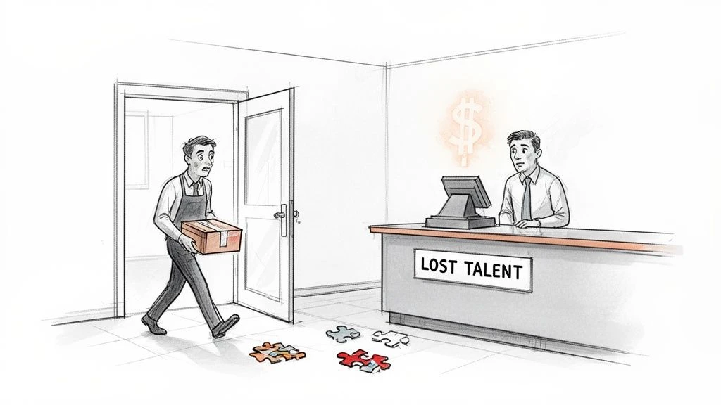 Odchodzący pracownik upuszcza puzzle w pobliżu biurka 