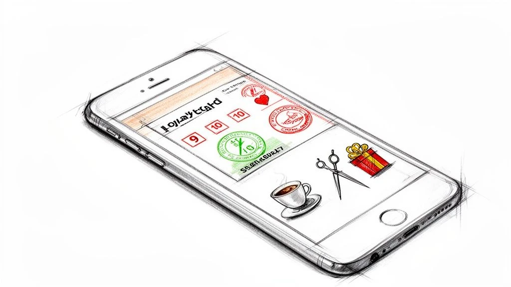 Croquis détaillé d'un smartphone affichant une application de carte de fidélité numérique avec différents tampons et icônes de récompense.