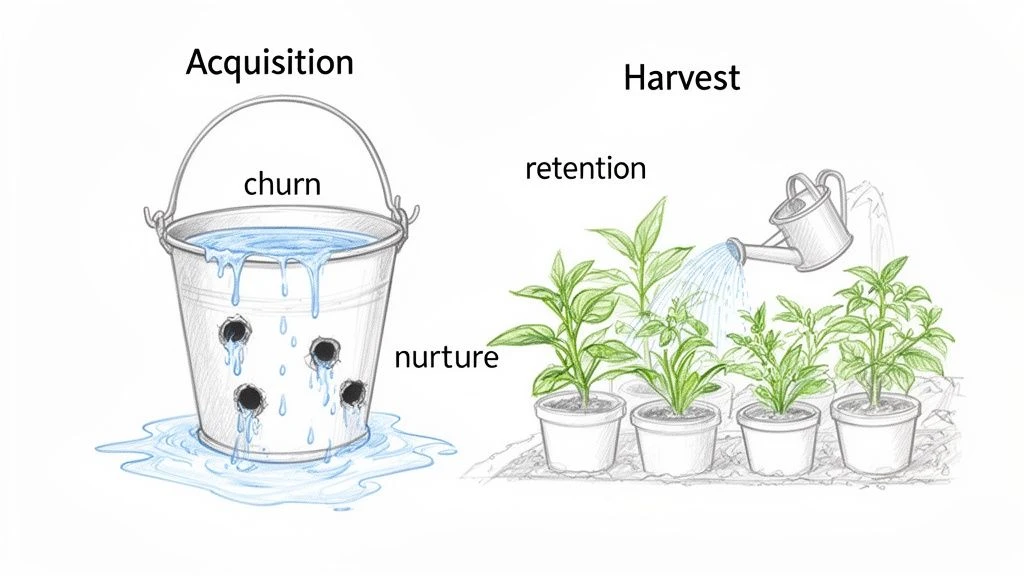 Diagram porovn&aacute;vaj&uacute;ci derav&eacute; z&iacute;skavanie a odliv z&aacute;kazn&iacute;kov (derav&eacute; vedro) s efekt&iacute;vnym udržan&iacute;m a starostlivosťou o z&aacute;kazn&iacute;kov (zalievanie rastl&iacute;n).