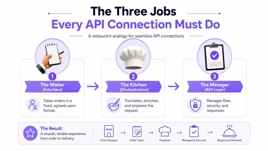 Un diagrama que explica tres roles esenciales de la conectividad de API mediante una analogía de restaurante: camarero, cocina y gerente.