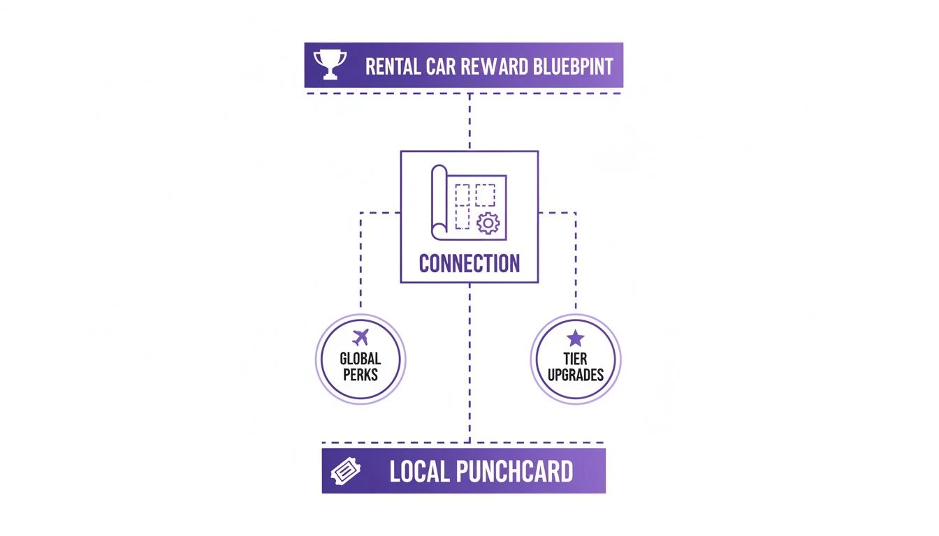 Ein Diagramm veranschaulicht einen Entwurf f&uuml;r eine Mietwagenpr&auml;mie, die mit globalen Verg&uuml;nstigungen, Stufenaufstiegen und einer lokalen Stempelkarte verbunden ist.