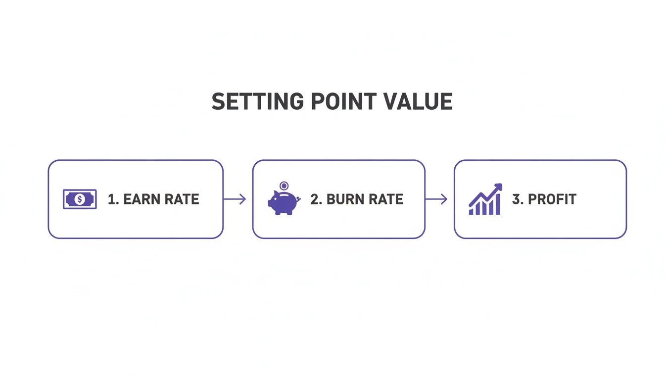 Ein Diagramm veranschaulicht die Festlegung des Punktwerts und zeigt einen Prozess von der Earn-Rate &uuml;ber die Burn-Rate bis hin zum Profit.
