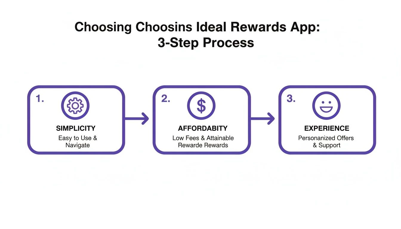Ein Diagramm zur Veranschaulichung eines 3-stufigen Prozesses zur Auswahl einer idealen Pr&auml;mien-App, der Einfachheit, Erschwinglichkeit und Erfahrung umfasst.