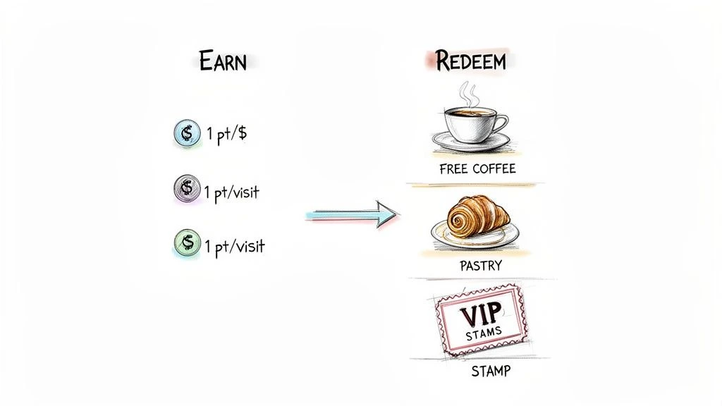 Ein Diagramm, das ein Treueprogramm veranschaulicht: Sie sammeln Punkte pro Dollar oder Besuch, die Sie dann f&uuml;r Kaffee, Geb&auml;ck oder einen VIP-Stempel einl&ouml;sen k&ouml;nnen.