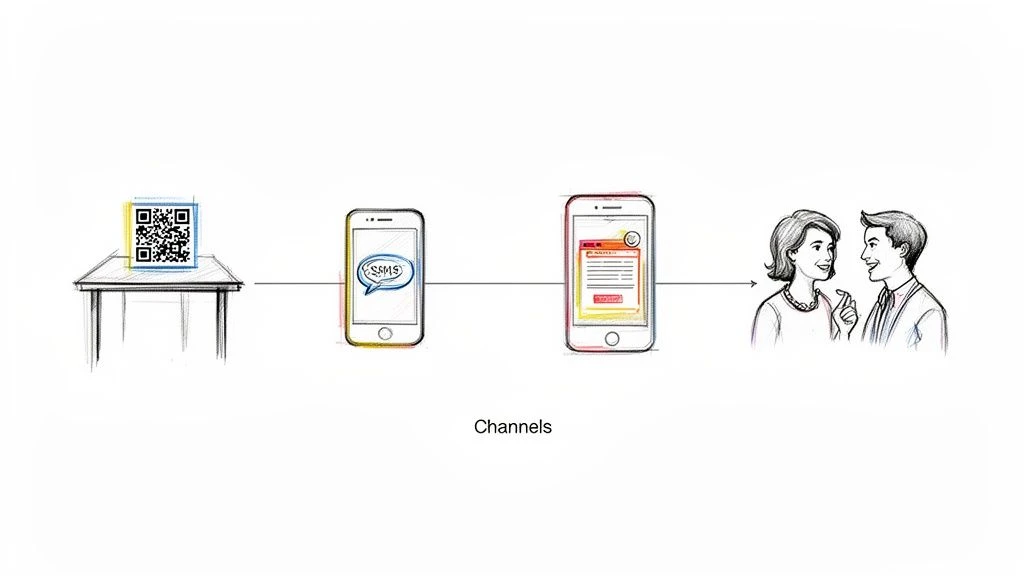 A v&aacute;s&aacute;rl&oacute;i visszajelz&eacute;si csatorn&aacute;kat szeml&eacute;ltető &aacute;bra: QR-k&oacute;d, SMS, mobilos felm&eacute;r&eacute;s &eacute;s emberi interakci&oacute;.