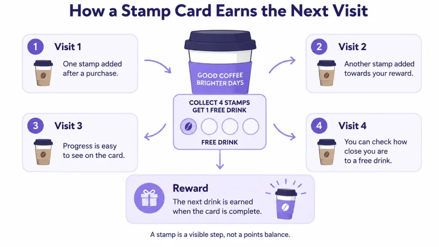 A diagram illustrating how a customer loyalty stamp card program works for a coffee shop reward.