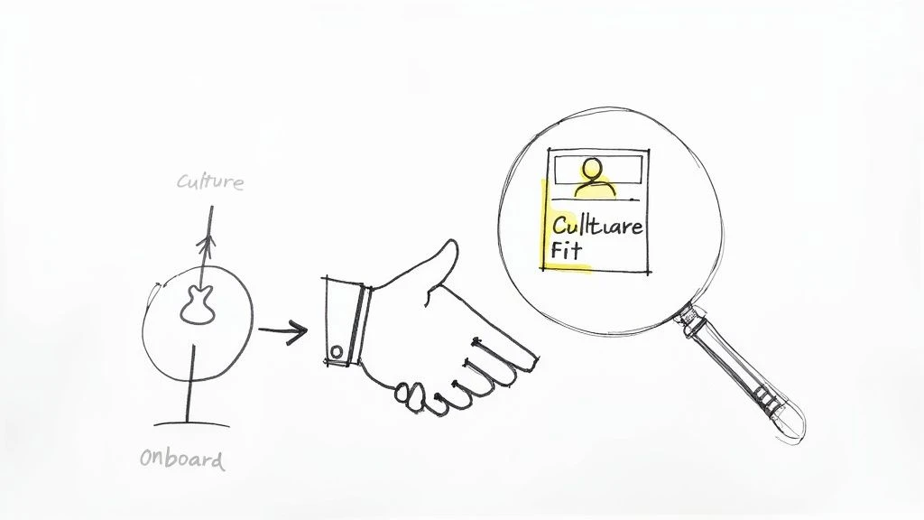Un diagrama que ilustra la incorporación a la cultura de la empresa, un apretón de manos y una lupa que examina el ajuste cultural.