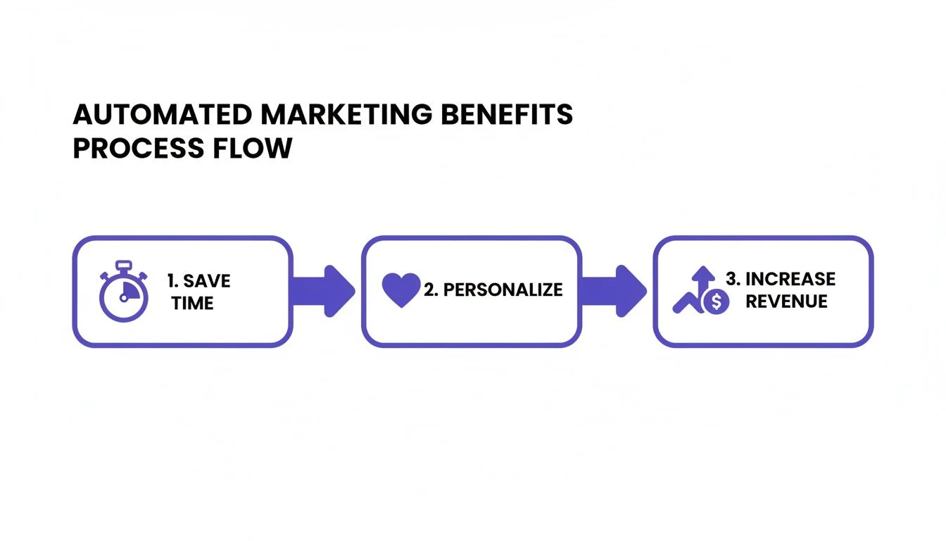Un diagramme illustrant le flux de processus des avantages du marketing automatis&eacute; : gain de temps, personnalisation et augmentation du chiffre d'affaires.