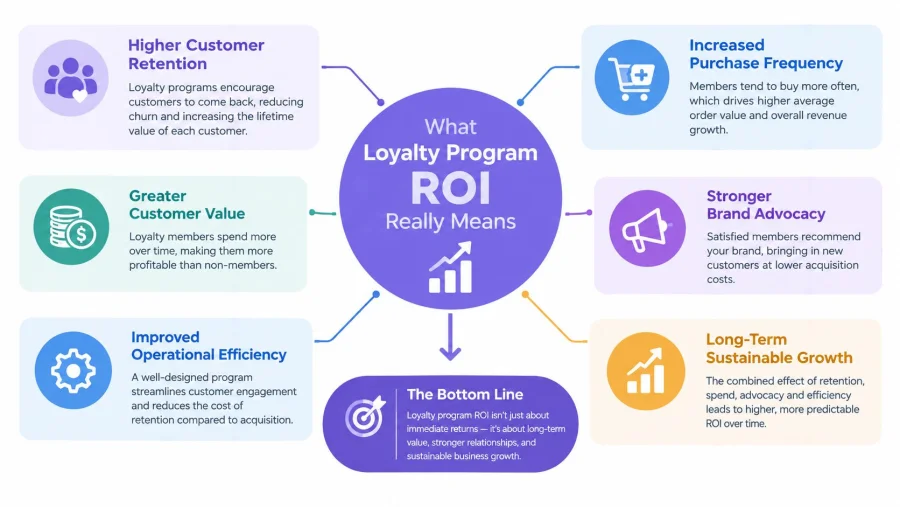 Un diagrama que ilustra los beneficios del ROI de un programa de fidelizaci&oacute;n, incluidos la retenci&oacute;n de clientes, el aumento de la frecuencia de compra y el crecimiento sostenible.