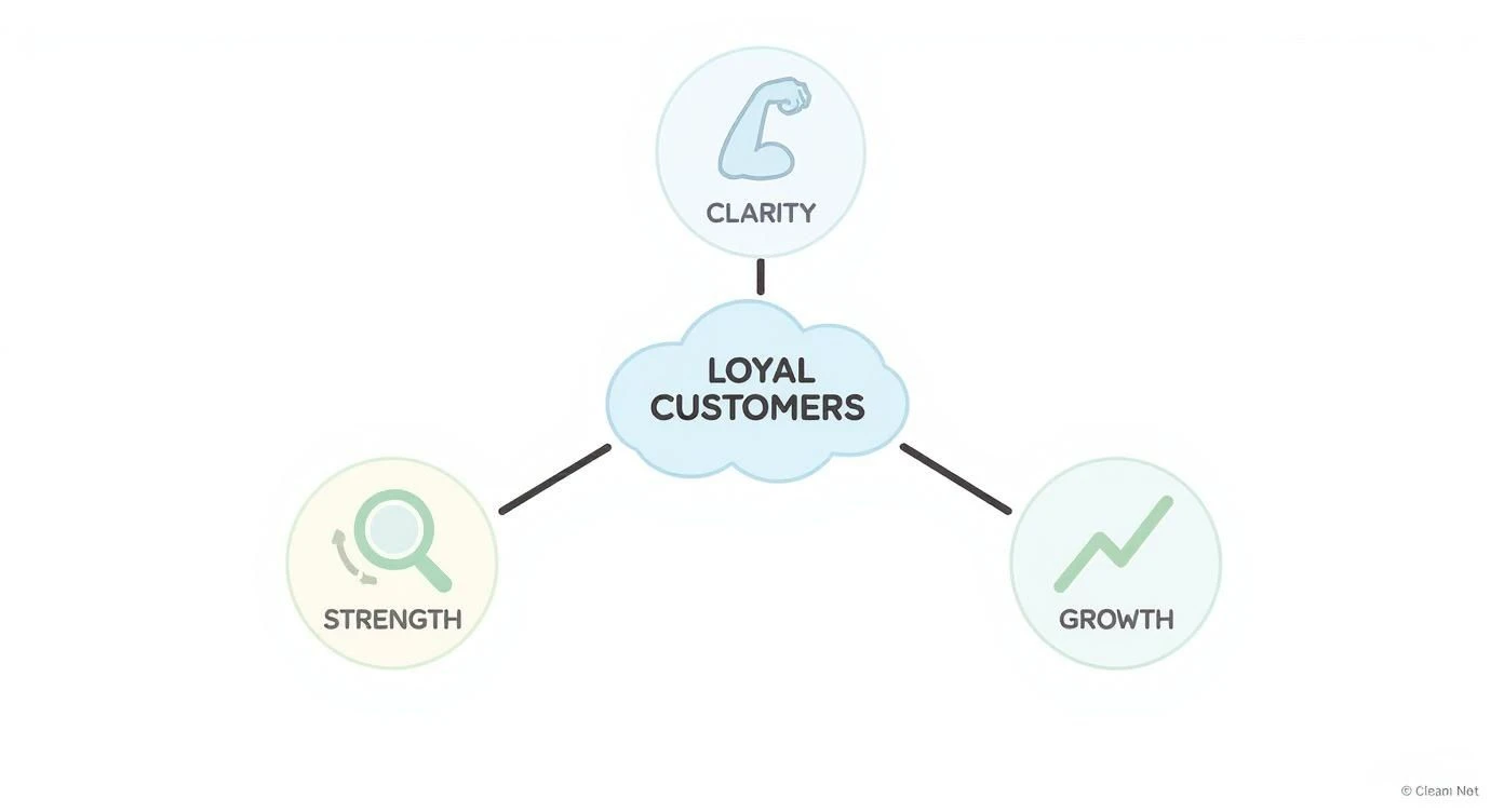 Un diagramma che collega i clienti fedeli a fattori chiave: chiarezza (braccio), forza (lente di ingrandimento) e crescita (tendenza al rialzo).