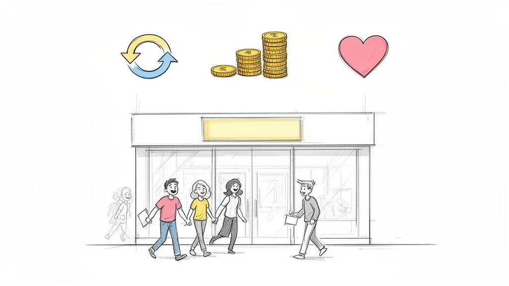 Un dibujo de una tienda con clientes y s&iacute;mbolos que representan la fidelidad, los beneficios econ&oacute;micos y la satisfacci&oacute;n del cliente.