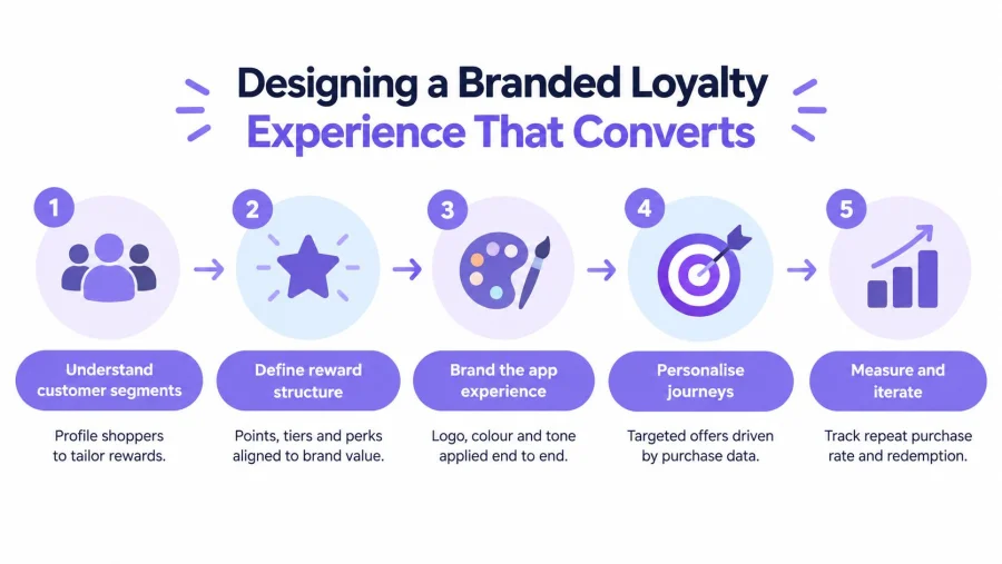 A five-step infographic illustrating the process of designing a branded loyalty experience for customer conversion.
