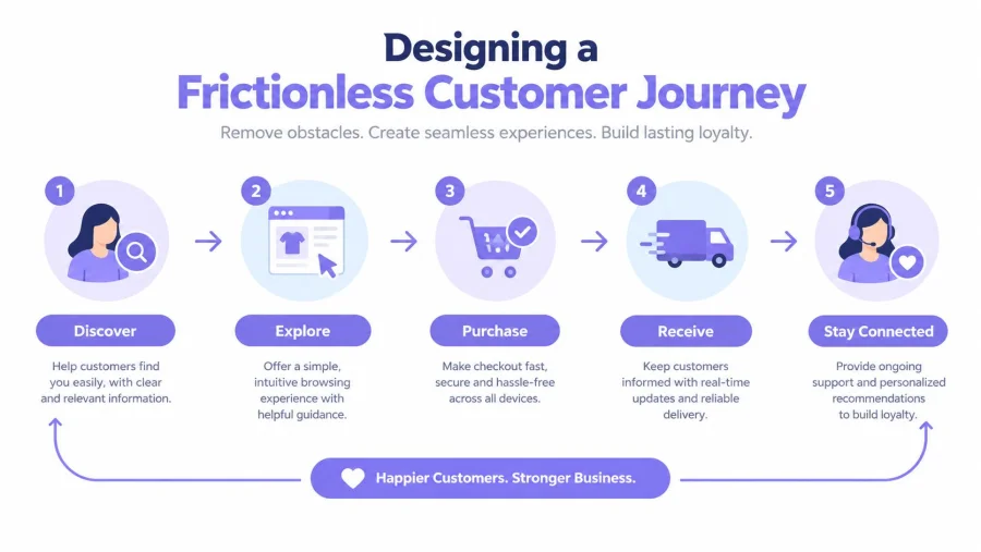 A five-step infographic showing the frictionless customer journey from discovery to staying connected for brand loyalty.