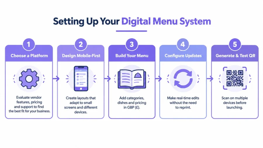 A five-step infographic showing the process of setting up a digital menu system using a QR code.