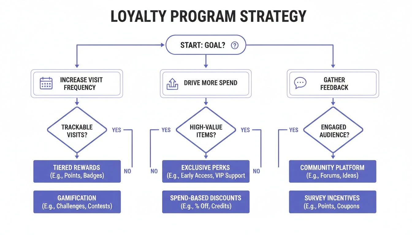 Vývojový diagram s podrobnými informacemi o strategiích věrnostního programu pro zvýšení návštěvnosti, zvýšení útraty a shromažďování zpětné vazby.