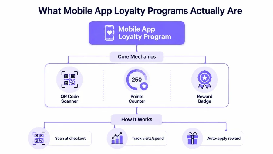 A flowchart explaining the core mechanics and functionality of a mobile app loyalty program with icons.