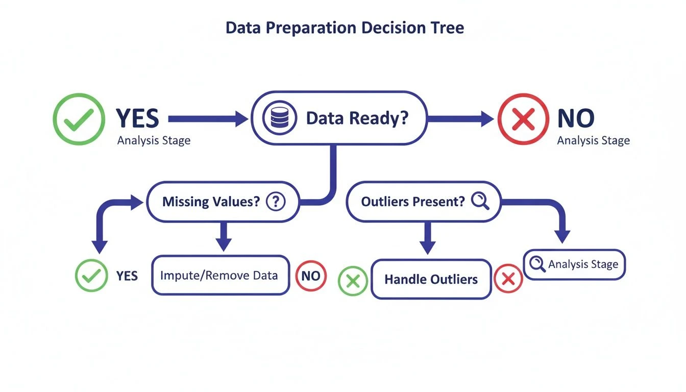 Ein Flussdiagramm zur Veranschaulichung eines Entscheidungsbaums für die Datenaufbereitung, der die Datenbereitschaft, fehlende Werte und die Behandlung von Ausreißern abdeckt.