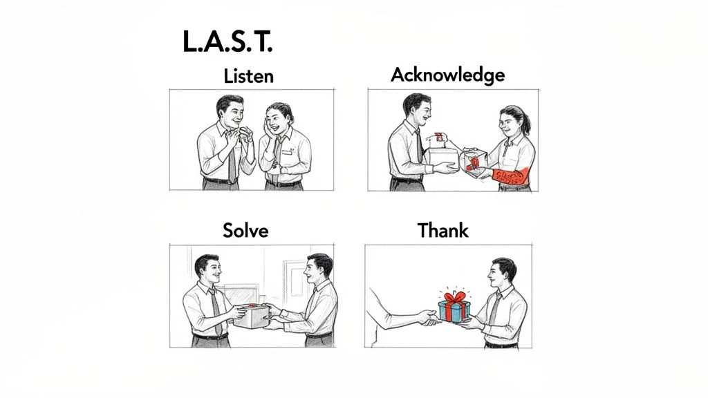 Eine Illustration mit vier Feldern veranschaulicht die L.A.S.T.-Methode: Zuhören, Anerkennen, Lösen und Danken.