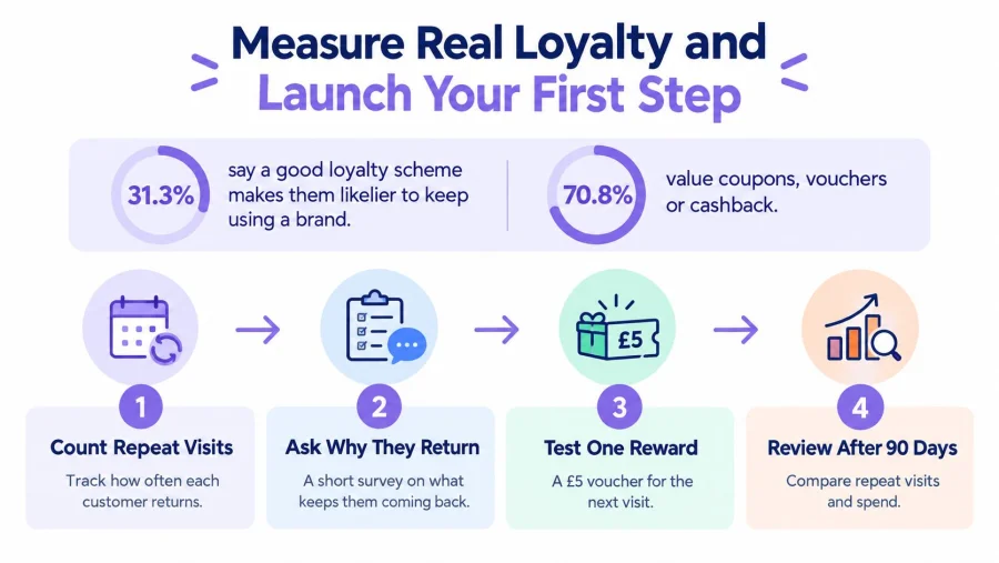 A four step infographic illustrating how businesses can measure customer loyalty and implement effective reward strategies.
