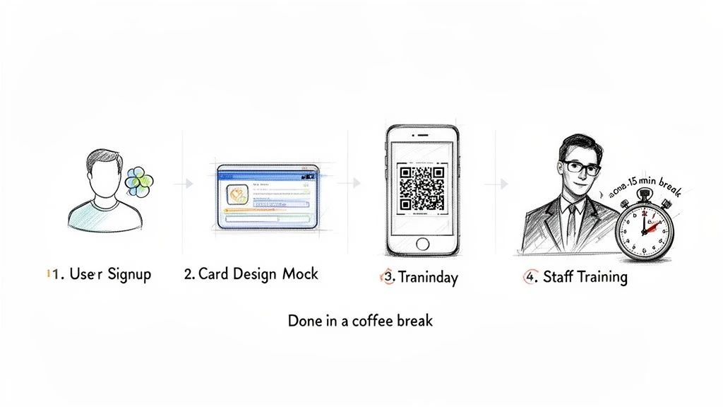 A four-step process for digital punch cards: user signup, card design mock, mobile QR code generation, and staff training, highlighting quick setup.