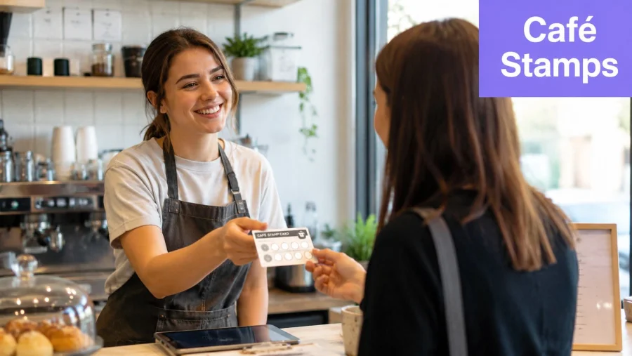 A friendly barista handing a cafe loyalty stamp card to a customer across a coffee shop counter.