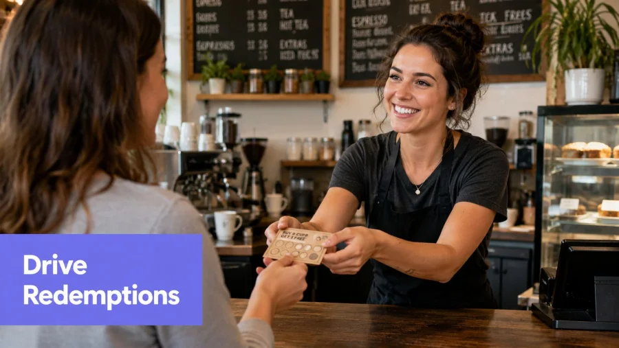 A friendly barista handing a coffee loyalty card to a customer across a cafe counter.