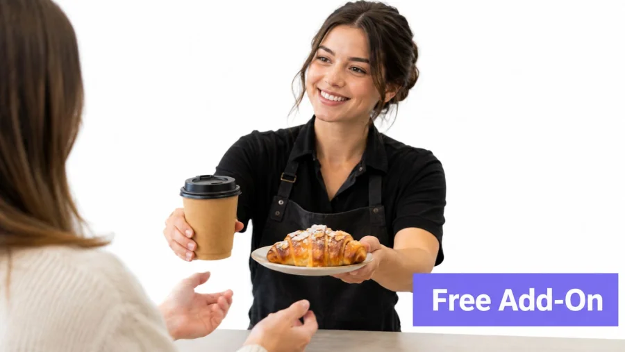 A friendly barista handing a cup of coffee and a croissant to a customer at a cafe.
