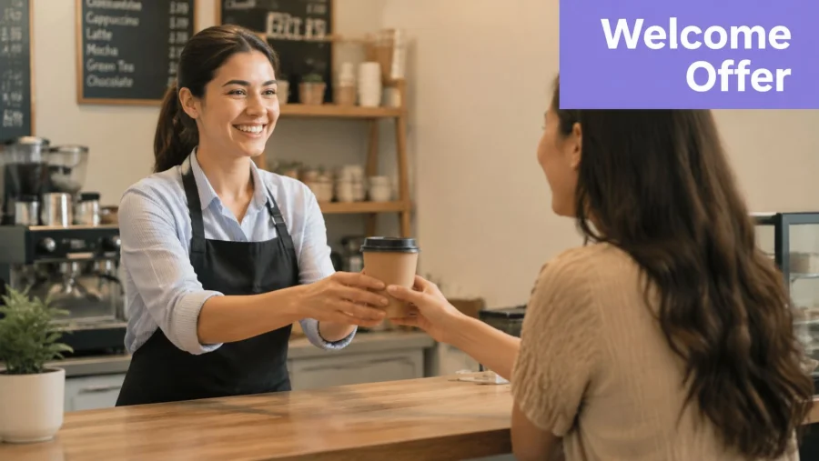 A friendly barista handing a cup of coffee to a customer at a cafe counter.