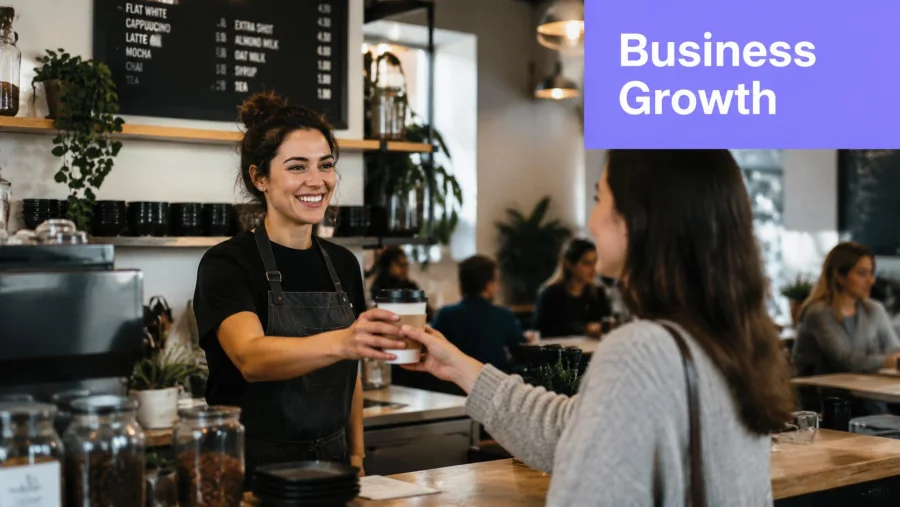 A friendly barista handing a cup of coffee to a customer at a cafe counter.
