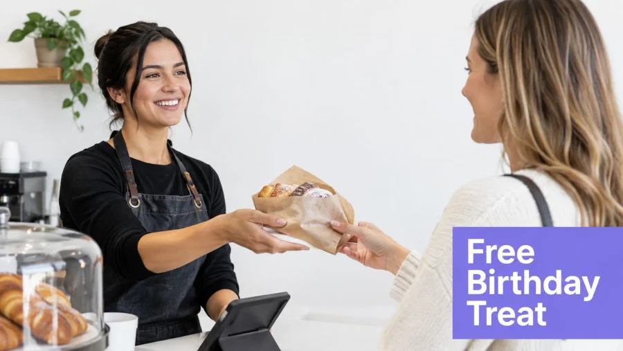 A friendly barista handing a paper bag with a pastry to a customer at a cafe counter.