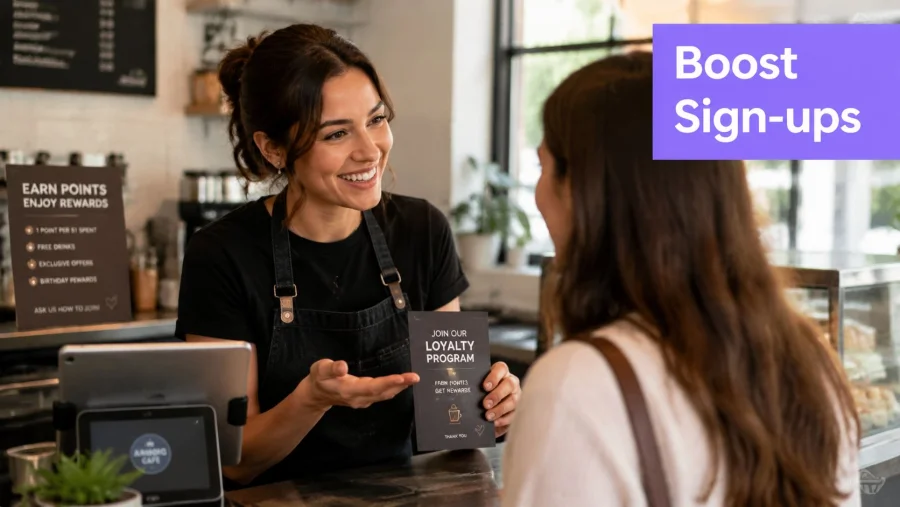 A friendly barista in a cafe offering a customer a printed flyer for their loyalty program.