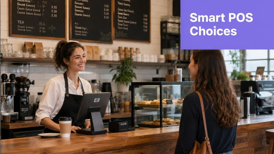 A friendly barista serving a customer at a cafe counter with a smart point of sale system.