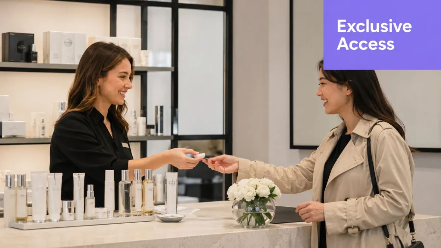 Una amable consultora de cuidado de la piel entrega una muestra de producto a una clienta en el mostrador de una tienda de belleza luminosa y moderna.