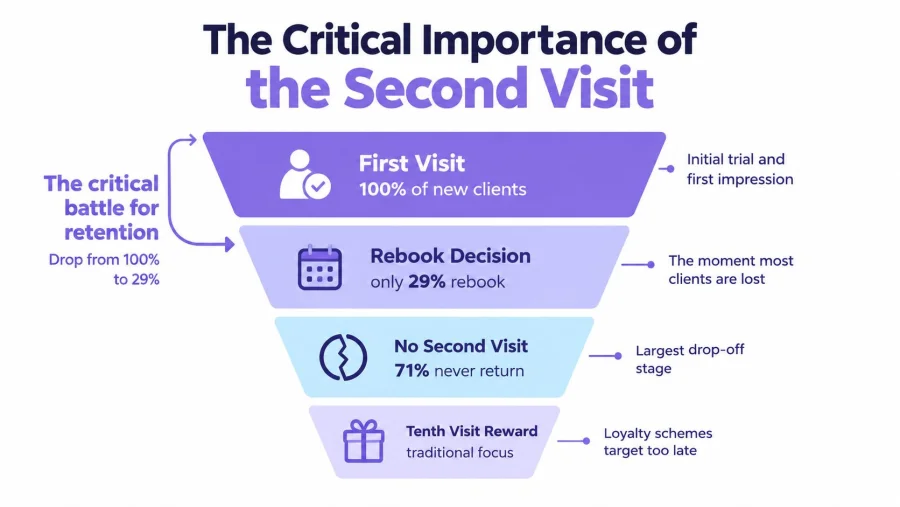 A funnel diagram illustrating the critical drop in customer retention between the first and second visits.