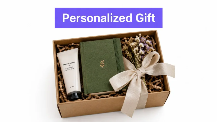 A gift box containing hand cream, a green notebook, and dried flowers decorated with a beige ribbon.