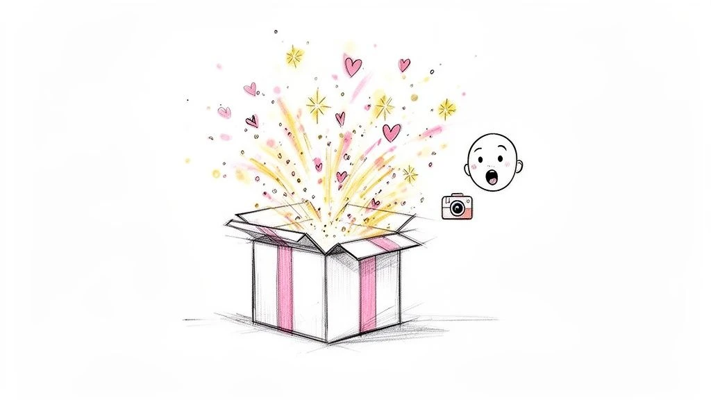 Pudełko z prezentem eksploduje serduszkami i gwiazdkami, zachwycając kresk&oacute;wkową twarz i kamerę.