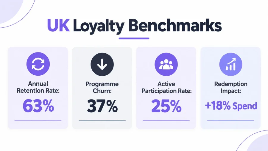A graphic displaying UK loyalty benchmarks, including annual retention, programme churn, participation rates, and redemption spending impact.