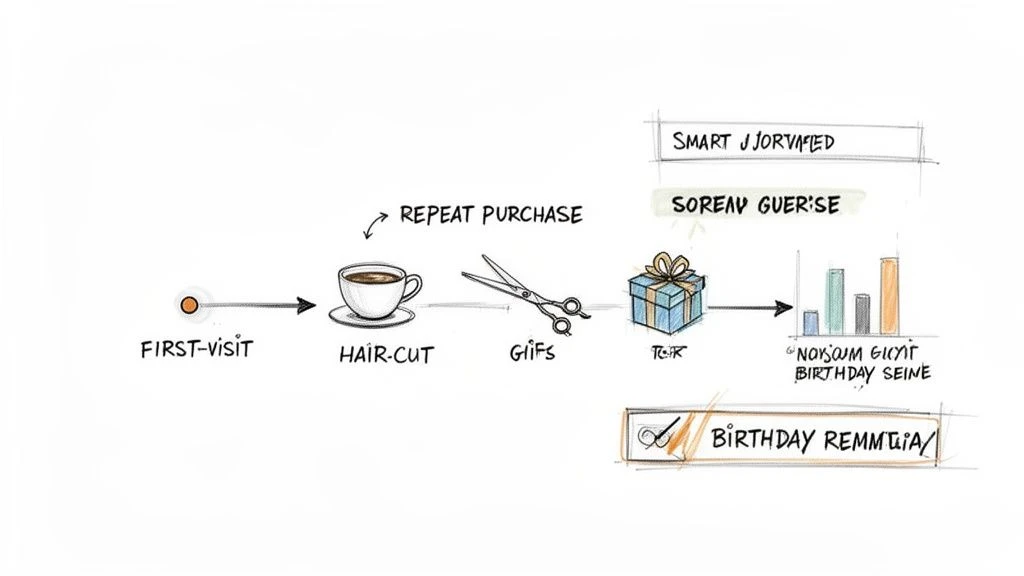 Ein handgezeichnetes Flussdiagramm der Customer Journey, das die Schritte vom ersten Besuch &uuml;ber den Haarschnitt bis hin zu Wiederholungsk&auml;ufen, Geschenken und Geburtstagskampagnen zeigt.