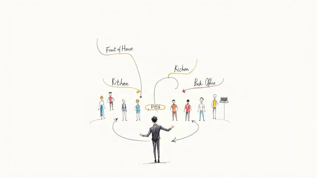 Odręcznie narysowany schemat ilustrujący działalność restauracji z centralnym POS łączącym zespoły front of house, kuchni i zaplecza, zarządzanym przez osobę.