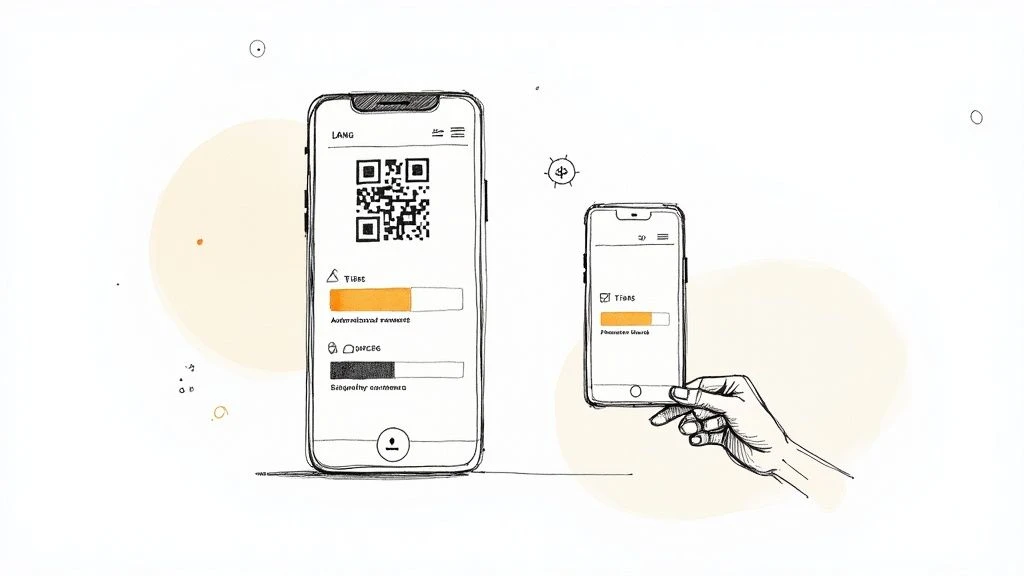 Ručne kreslená ilustrácia dvoch smartfónov zobrazujúca QR kód, priebežné lišty a podrobnosti o vernostnom programe.