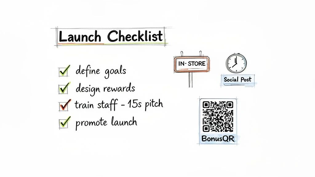 Una lista de lanzamiento dibujada a mano con tareas como definir objetivos, diseñar recompensas, formar al personal y promocionar el lanzamiento, junto con carteles para la tienda, publicaciones en redes sociales y un código QR de bonificación.