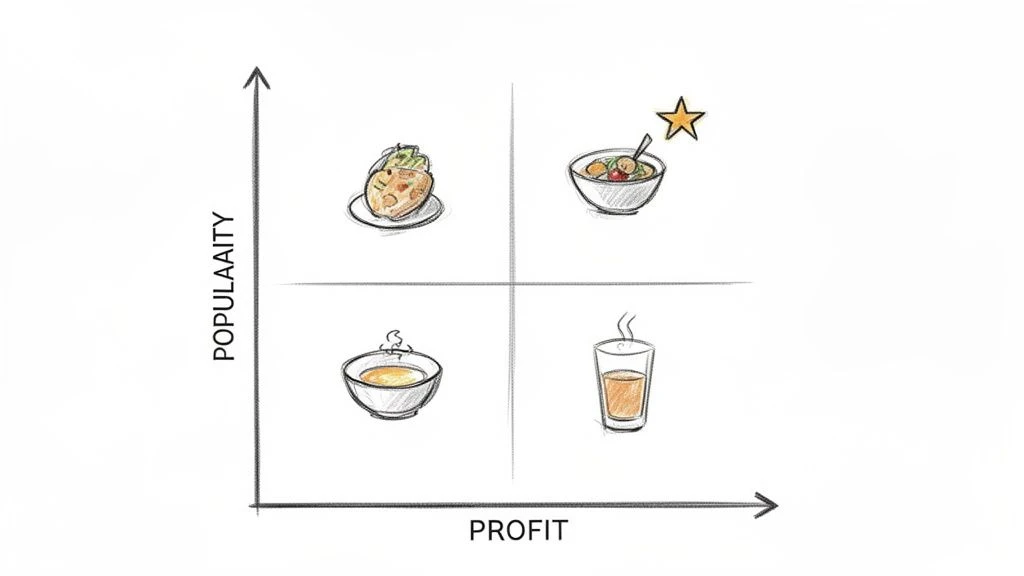 Ručne nakreslená matica analyzujúca položky jedálneho lístka reštaurácie na základe obľúbenosti a zisku, pričom hviezdička označuje najlepšiu položku.