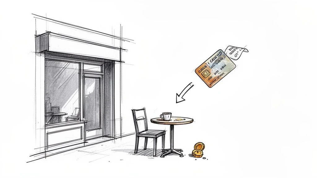 Ručne nakreslen&yacute; n&aacute;črt exteri&eacute;ru kaviarne s vonkaj&scaron;&iacute;m seden&iacute;m, k&aacute;vou a transakciou kreditnou kartou.